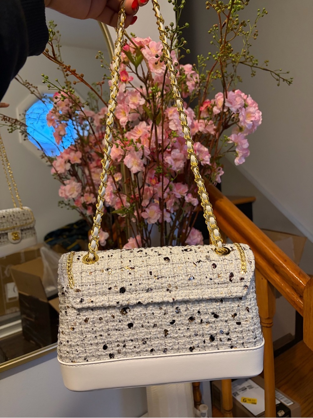 White Tweed VIP Shoulder Bag | Gold Hardware | Branded Gift Bag